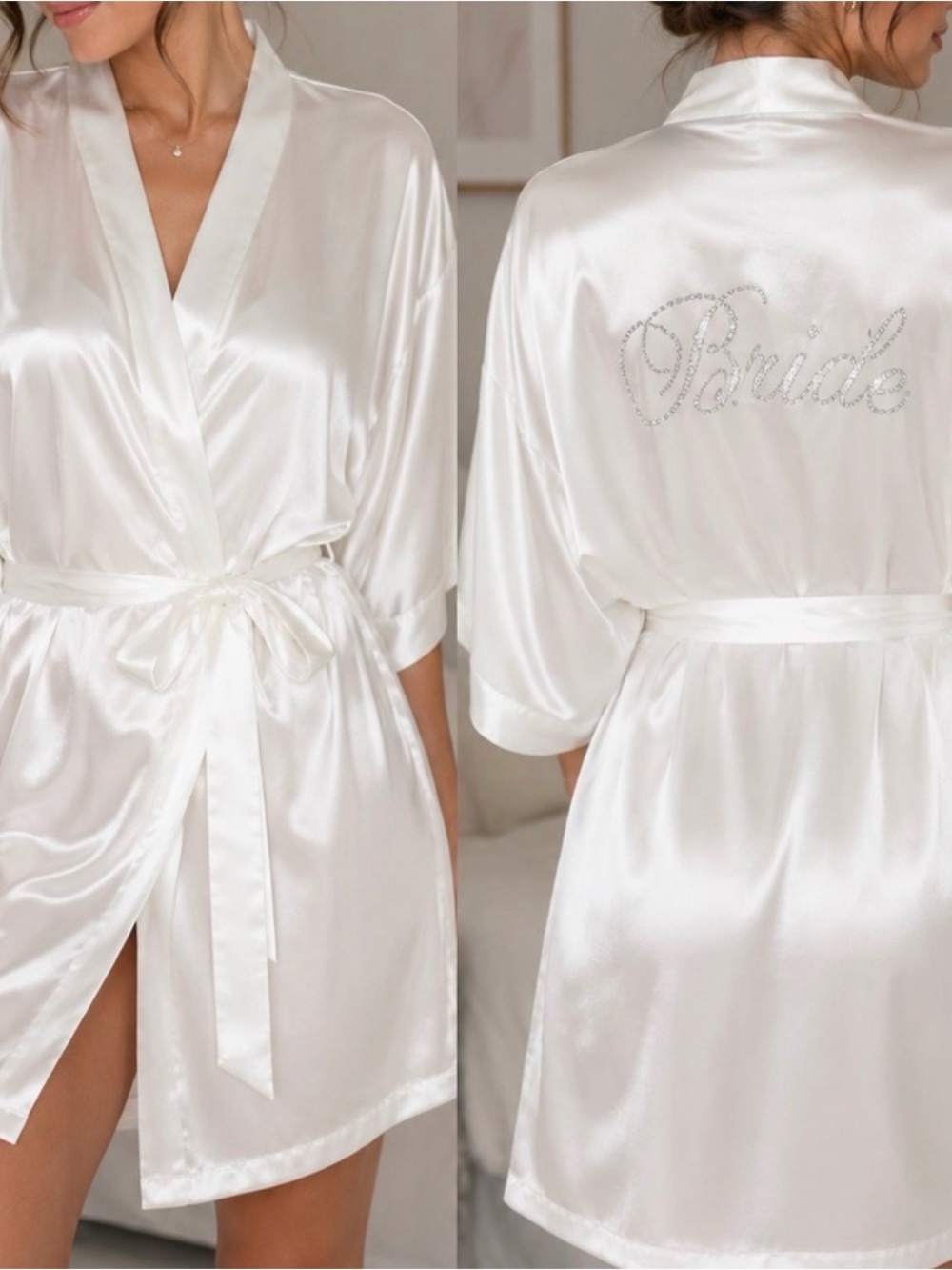 Satin Bridal Kimono Robe in White with Crystal Rhinestones